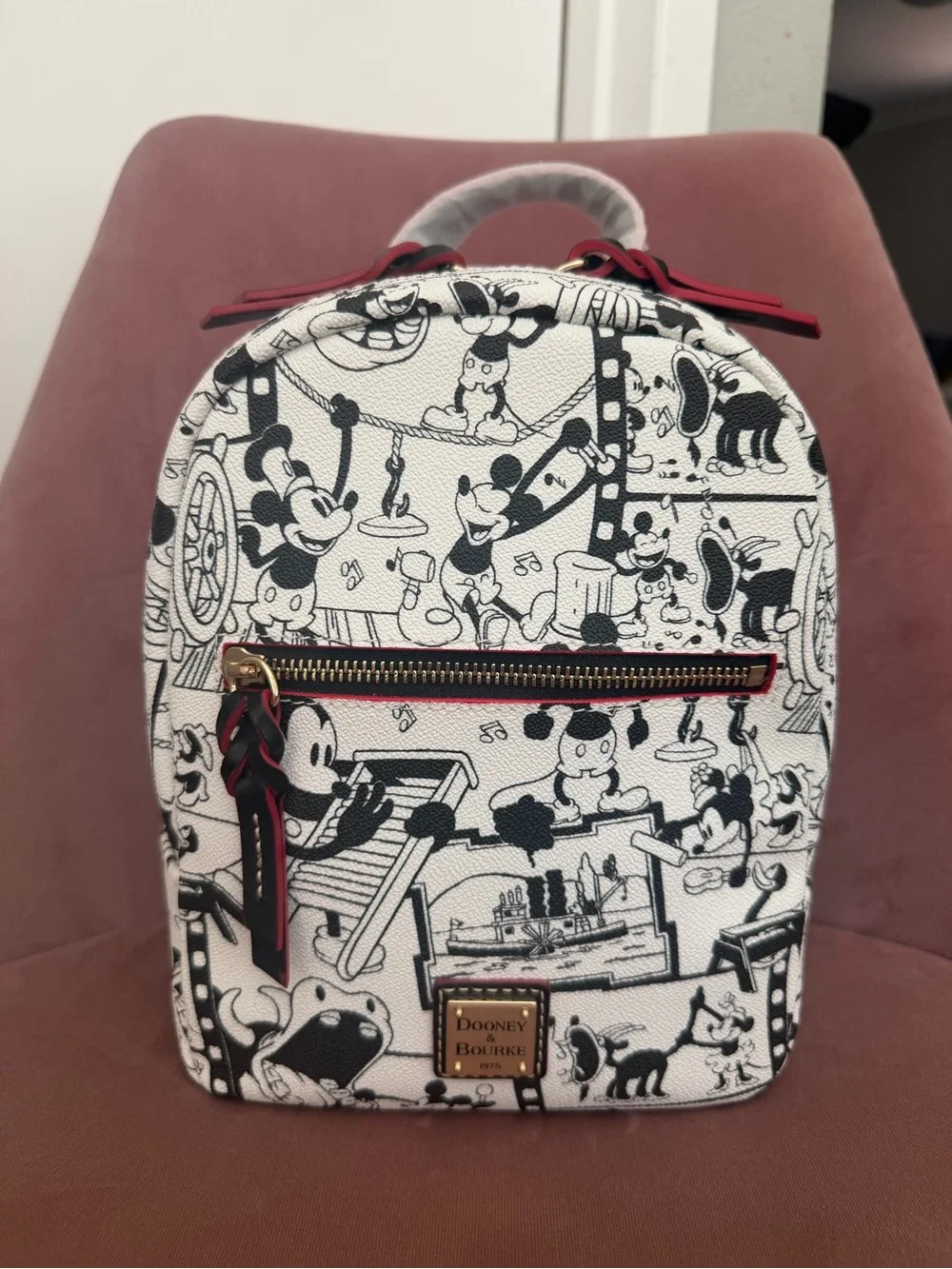 Disney Dooney and Bourke Black & White Cartoon Print Mini Backpack with Red Trim